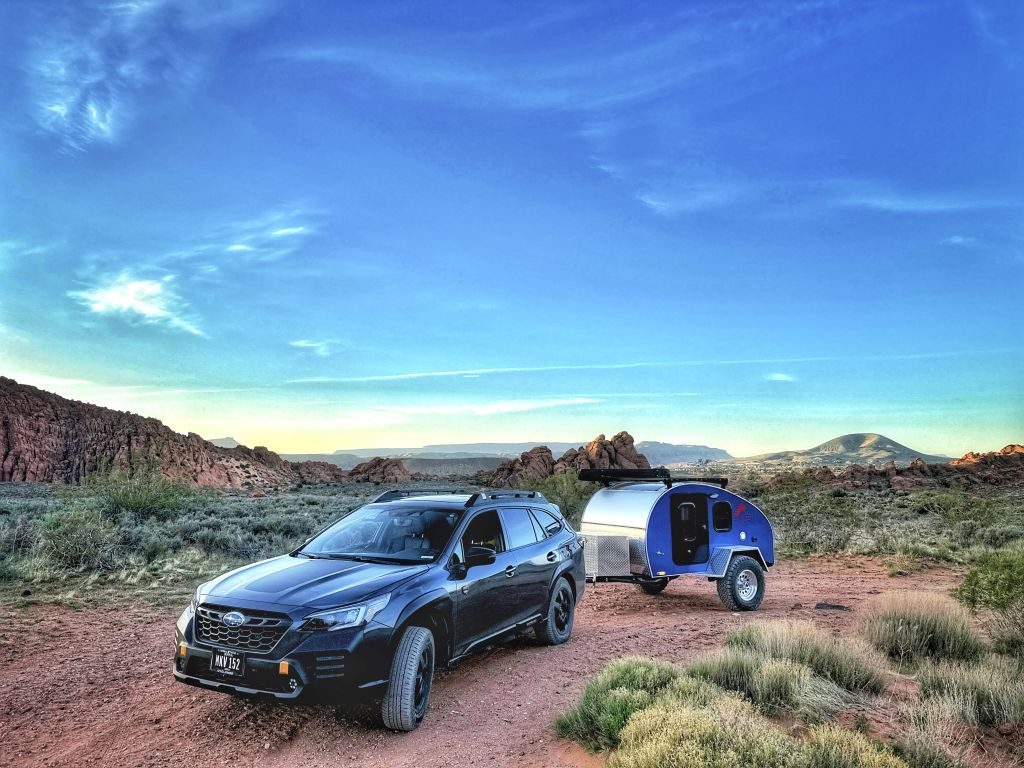 Blue Pika teardrop trailer with Subaru Outback Wilderness Edition