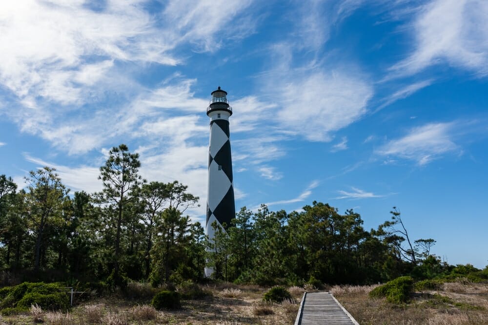 A,Wooden,Path,Leads,Beside,The,Cape,Lookout,Lighthouse,In Cape Lookout on the National Seashore in North Carolina